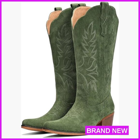 Suede Cowboy Boots Mid Calf Embroidered Retro Snip Toe Chunky Heel Western